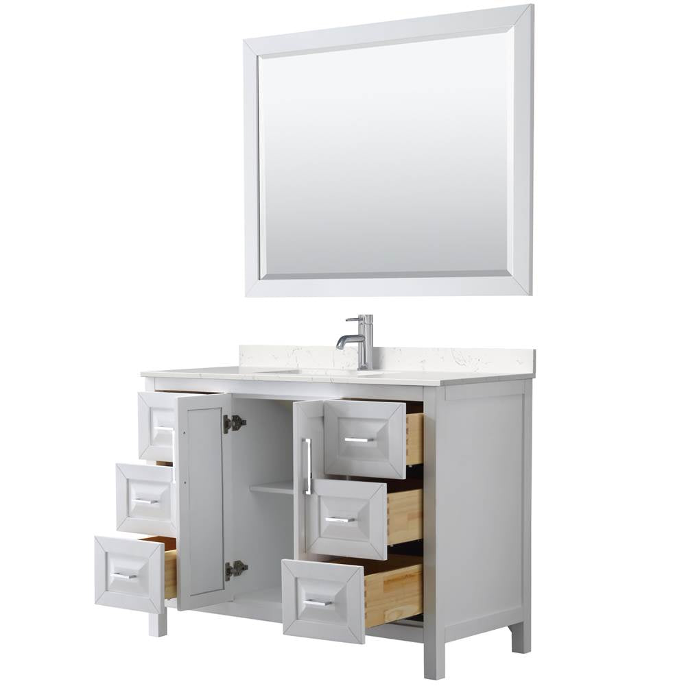 Daria 48 Inch Single Bathroom Vanity in White, Carrara Cultured Marble Countertop, Undermount Square Sink, 46 Inch Mirror