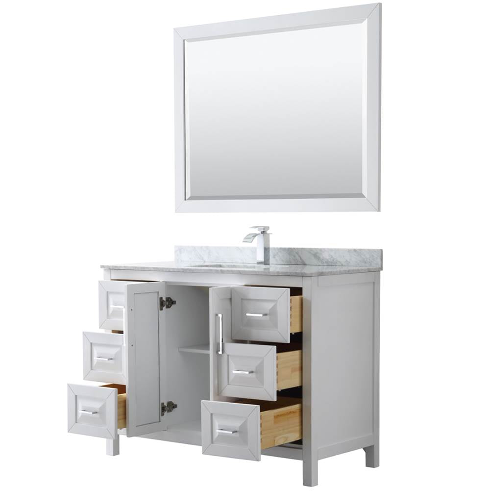 Daria 48 Inch Single Bathroom Vanity in Dark Blue, White Carrara Marble Countertop, Undermount Square Sink, 46 Inch Mirror