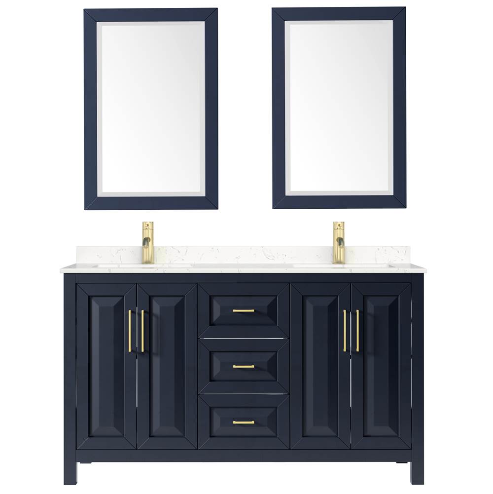 Daria 60 Inch Double Bathroom Vanity in Dark Blue, Carrara Cultured Marble Countertop, Undermount Square Sinks, 24 Inch Mirrors
