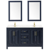 Daria 60 Inch Double Bathroom Vanity in Dark Blue, Carrara Cultured Marble Countertop, Undermount Square Sinks, 24 Inch Mirrors