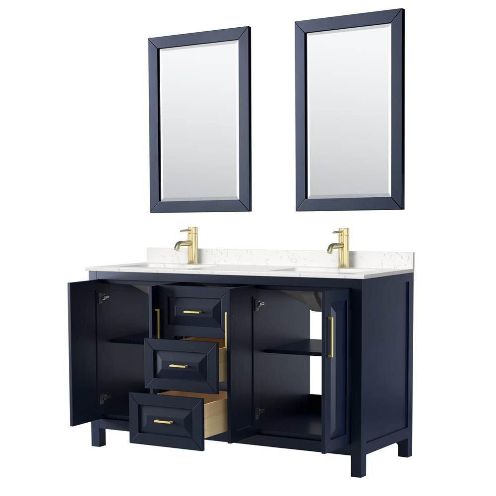 Daria 60 Inch Double Bathroom Vanity in Dark Blue, Carrara Cultured Marble Countertop, Undermount Square Sinks, 24 Inch Mirrors