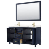 Daria 60 Inch Double Bathroom Vanity in Dark Blue, Carrara Cultured Marble Countertop, Undermount Square Sinks, 58 Inch Mirror