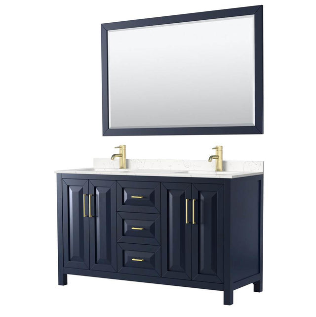 Wyndham Collection - Daria 60 Inch Double Bathroom Vanity in Dark Blue, Carrara Cultured Marble Countertop, Undermount Square Sinks, 58 Inch Mirror