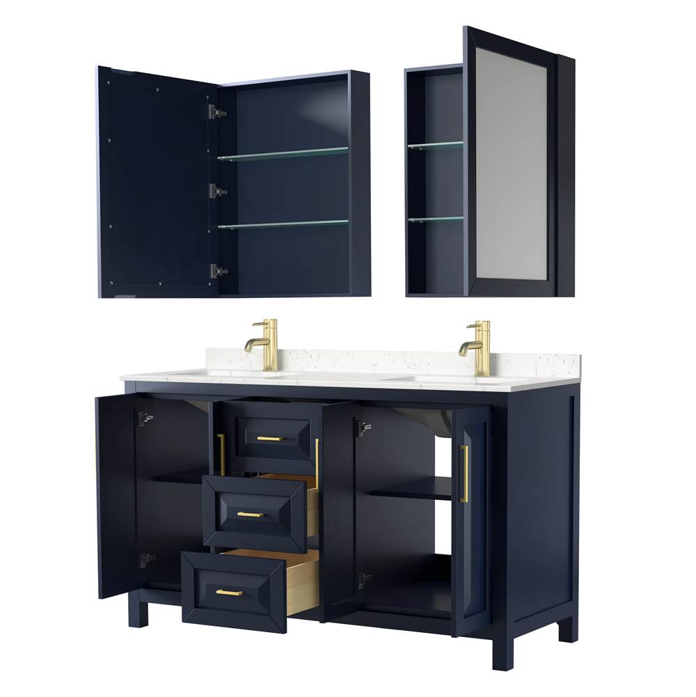 Daria 60 Inch Double Bathroom Vanity in Dark Blue, Carrara Cultured Marble Countertop, Undermount Square Sinks, Medicine Cabinets