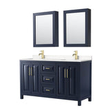 Wyndham Collection - Daria 60 Inch Double Bathroom Vanity in Dark Blue, Carrara Cultured Marble Countertop, Undermount Square Sinks, Medicine Cabinets