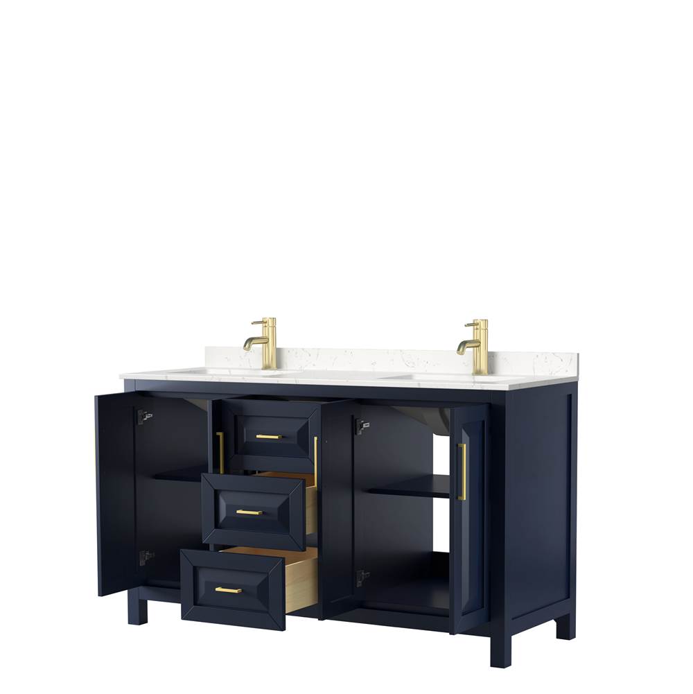 Daria 60 Inch Double Bathroom Vanity in Dark Blue, Carrara Cultured Marble Countertop, Undermount Square Sinks, No Mirror