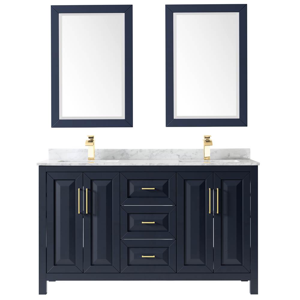 Daria 60 Inch Double Bathroom Vanity in Dark Blue, White Carrara Marble Countertop, Undermount Square Sinks, 24 Inch Mirrors