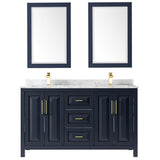 Daria 60 Inch Double Bathroom Vanity in Dark Blue, White Carrara Marble Countertop, Undermount Square Sinks, 24 Inch Mirrors