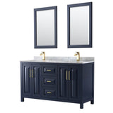Wyndham Collection - Daria 60 Inch Double Bathroom Vanity in Dark Blue, White Carrara Marble Countertop, Undermount Square Sinks, 24 Inch Mirrors - Dark Blue