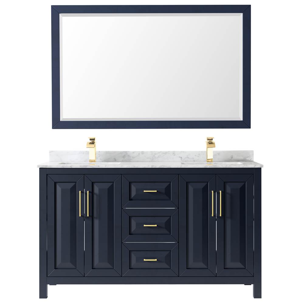 Daria 60 Inch Double Bathroom Vanity in Dark Blue, White Carrara Marble Countertop, Undermount Square Sinks, 58 Inch Mirror