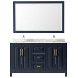 Daria 60 Inch Double Bathroom Vanity in Dark Blue, White Carrara Marble Countertop, Undermount Square Sinks, 58 Inch Mirror
