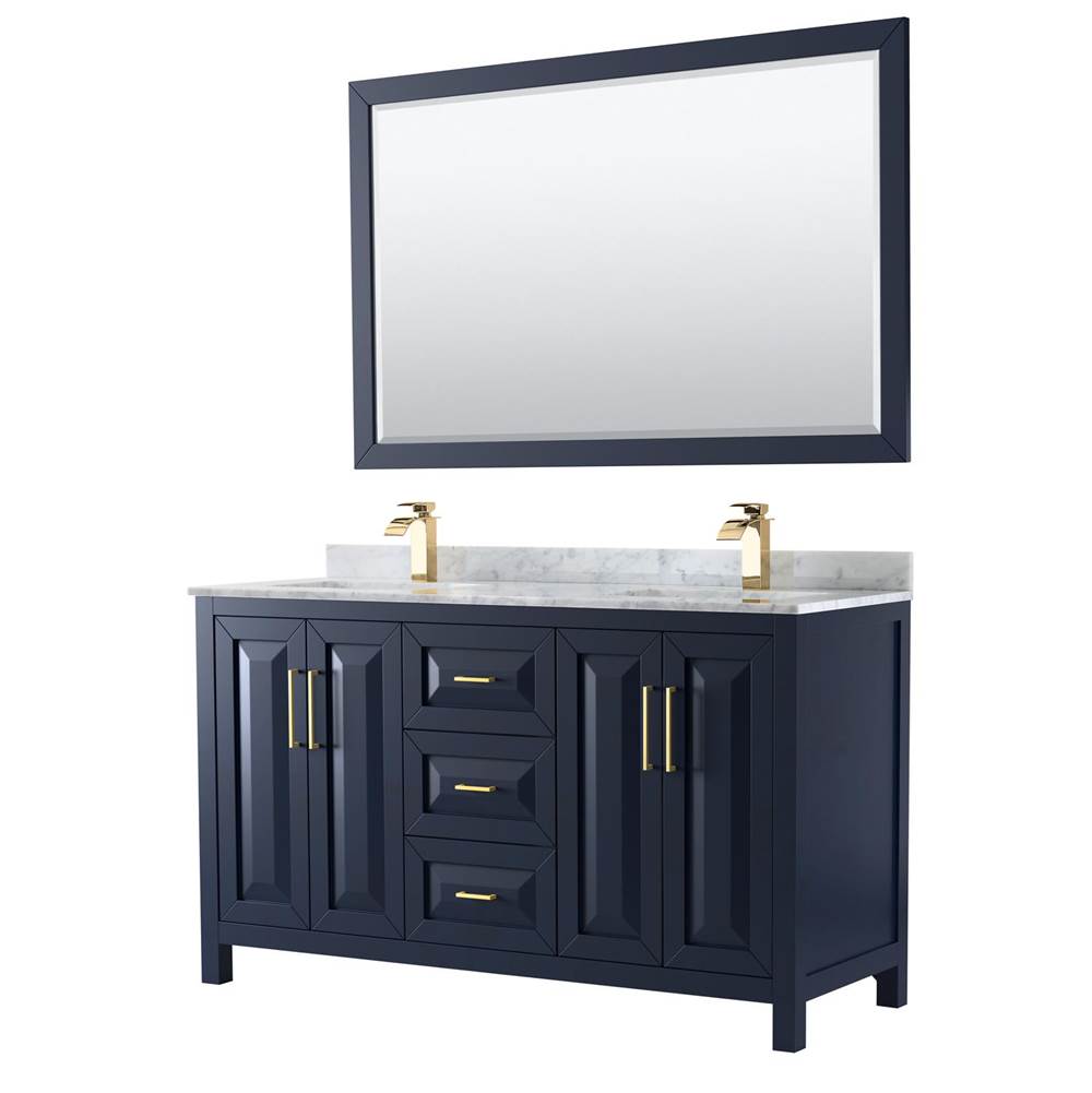 Wyndham Collection - Daria 60 Inch Double Bathroom Vanity in Dark Blue, White Carrara Marble Countertop, Undermount Square Sinks, 58 Inch Mirror - Dark Blue