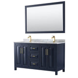 Wyndham Collection - Daria 60 Inch Double Bathroom Vanity in Dark Blue, White Carrara Marble Countertop, Undermount Square Sinks, 58 Inch Mirror - Dark Blue