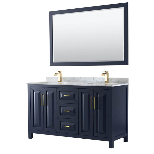 Wyndham Collection - Daria 60 Inch Double Bathroom Vanity in Dark Blue, White Carrara Marble Countertop, Undermount Square Sinks, 58 Inch Mirror - Dark Blue
