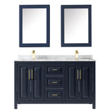 Daria 60 Inch Double Bathroom Vanity in Dark Blue, White Carrara Marble Countertop, Undermount Square Sinks, Medicine Cabinets