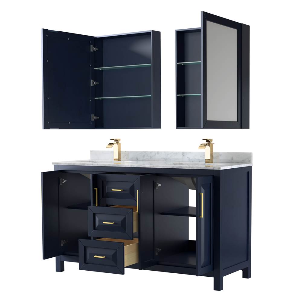 Daria 60 Inch Double Bathroom Vanity in Dark Blue, White Carrara Marble Countertop, Undermount Square Sinks, Medicine Cabinets