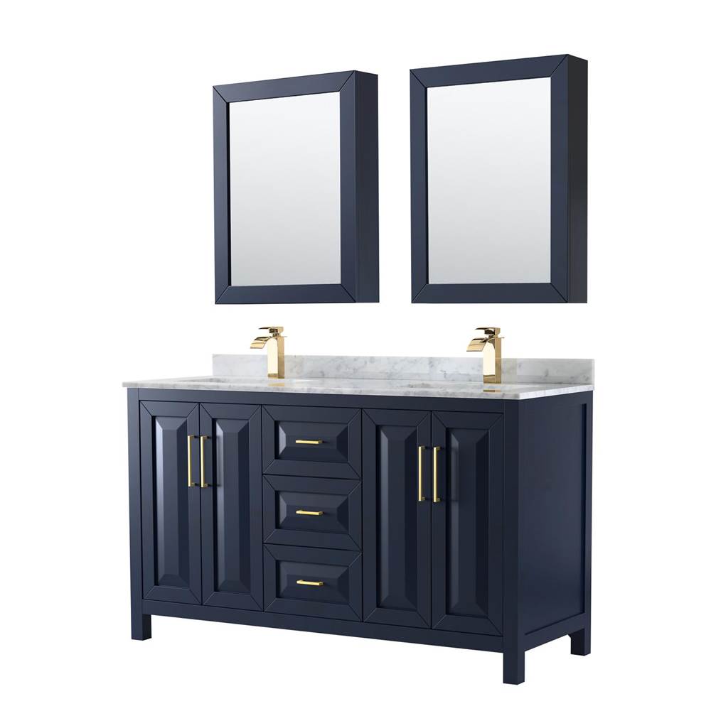 Wyndham Collection - Daria 60 Inch Double Bathroom Vanity in Dark Blue, White Carrara Marble Countertop, Undermount Square Sinks, Medicine Cabinets - Dark Blue
