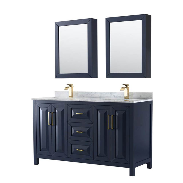 Wyndham Collection - Daria 60 Inch Double Bathroom Vanity in Dark Blue, White Carrara Marble Countertop, Undermount Square Sinks, Medicine Cabinets - Dark Blue