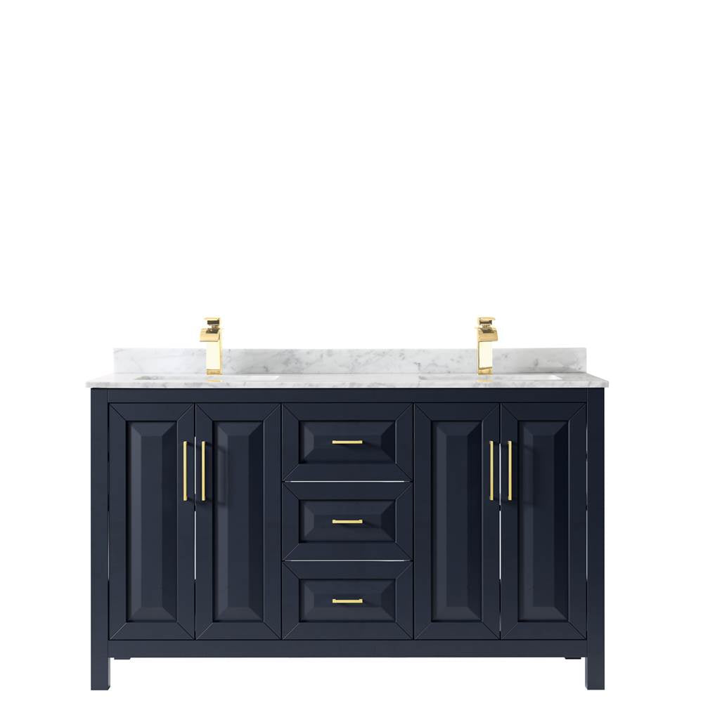 Daria 60 Inch Double Bathroom Vanity in Dark Blue, White Carrara Marble Countertop, Undermount Square Sinks, No Mirror
