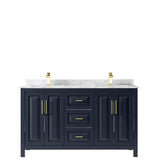 Daria 60 Inch Double Bathroom Vanity in Dark Blue, White Carrara Marble Countertop, Undermount Square Sinks, No Mirror