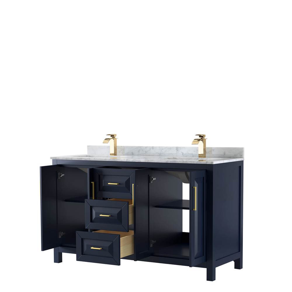 Daria 60 Inch Double Bathroom Vanity in Dark Blue, White Carrara Marble Countertop, Undermount Square Sinks, No Mirror