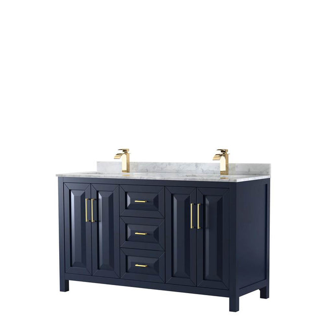Wyndham Collection - Daria 60 Inch Double Bathroom Vanity in Dark Blue, White Carrara Marble Countertop, Undermount Square Sinks, No Mirror - Dark Blue