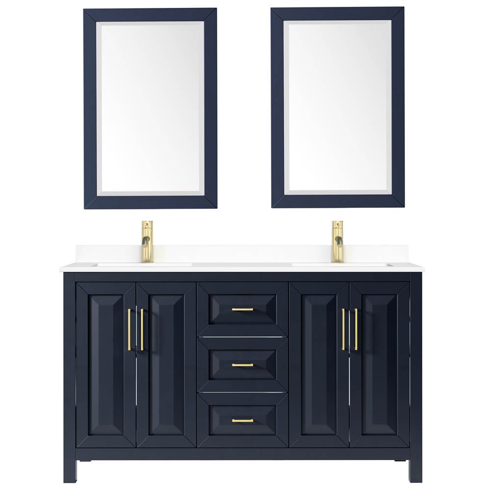 Daria 60 Inch Double Bathroom Vanity in Dark Blue, White Cultured Marble Countertop, Undermount Square Sinks, 24 Inch Mirrors