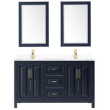 Daria 60 Inch Double Bathroom Vanity in Dark Blue, White Cultured Marble Countertop, Undermount Square Sinks, 24 Inch Mirrors