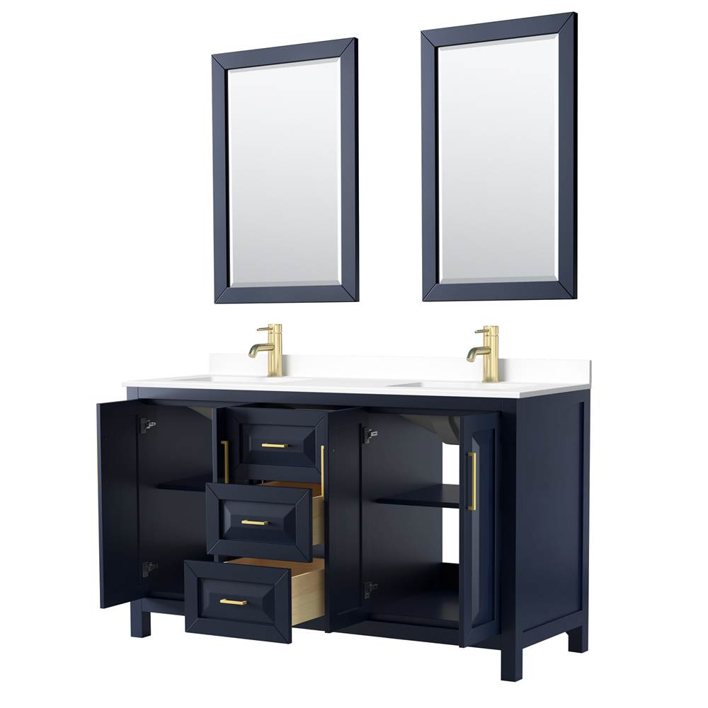 Daria 60 Inch Double Bathroom Vanity in Dark Blue, White Cultured Marble Countertop, Undermount Square Sinks, 24 Inch Mirrors