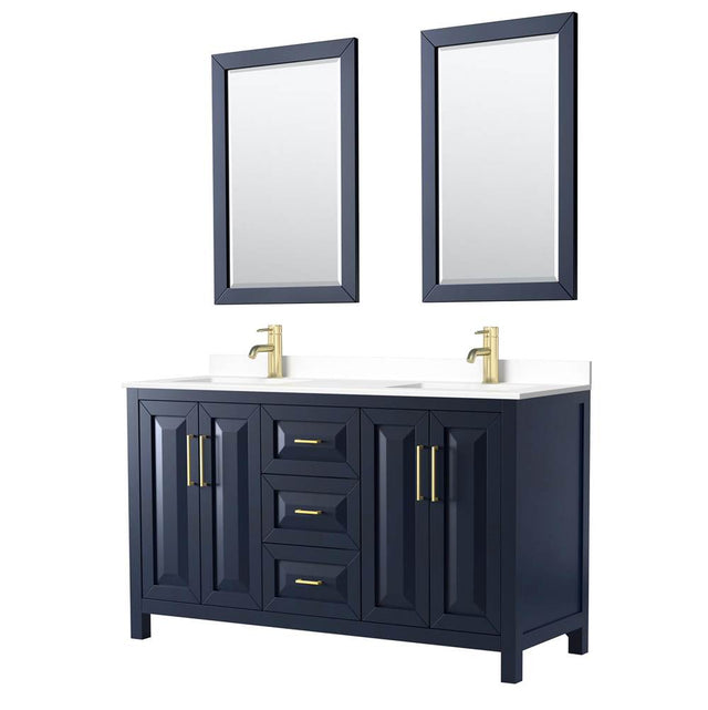 Wyndham Collection - Daria 60 Inch Double Bathroom Vanity in Dark Blue, White Cultured Marble Countertop, Undermount Square Sinks, 24 Inch Mirrors