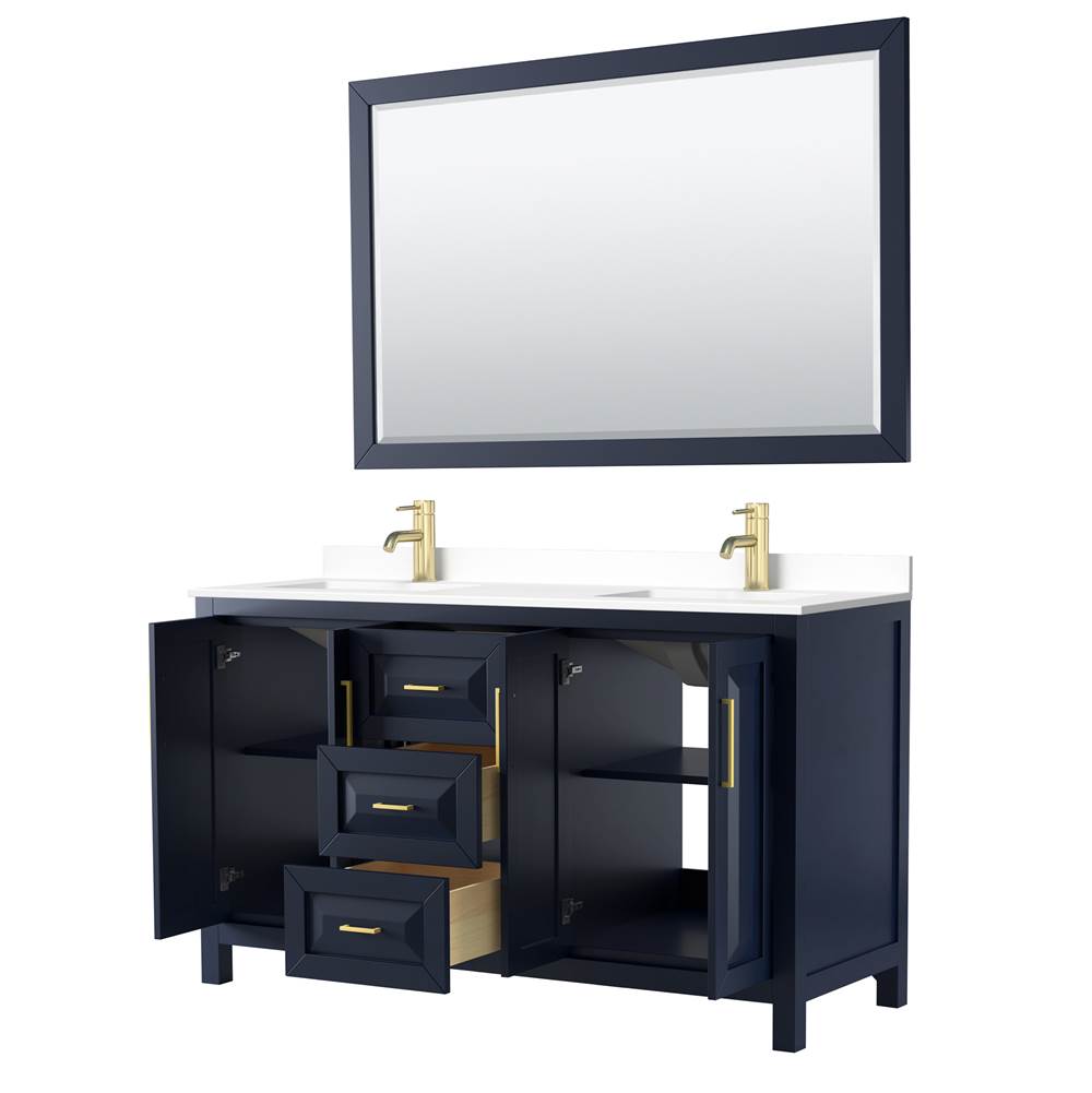 Daria 60 Inch Double Bathroom Vanity in Dark Blue, White Cultured Marble Countertop, Undermount Square Sinks, 58 Inch Mirror