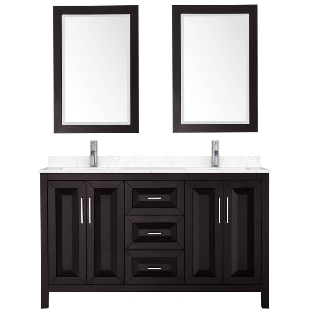 Daria 60 Inch Double Bathroom Vanity in Dark Espresso, Carrara Cultured Marble Countertop, Undermount Square Sinks, 24 Inch Mirrors