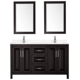 Daria 60 Inch Double Bathroom Vanity in Dark Espresso, Carrara Cultured Marble Countertop, Undermount Square Sinks, 24 Inch Mirrors