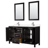 Daria 60 Inch Double Bathroom Vanity in Dark Espresso, Carrara Cultured Marble Countertop, Undermount Square Sinks, 24 Inch Mirrors