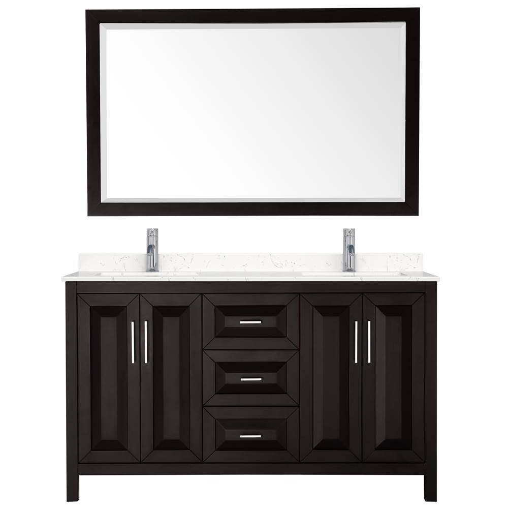 Daria 60 Inch Double Bathroom Vanity in Dark Espresso, Carrara Cultured Marble Countertop, Undermount Square Sinks, 58 Inch Mirror