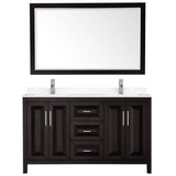 Daria 60 Inch Double Bathroom Vanity in Dark Espresso, Carrara Cultured Marble Countertop, Undermount Square Sinks, 58 Inch Mirror