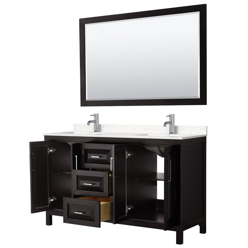 Daria 60 Inch Double Bathroom Vanity in Dark Espresso, Carrara Cultured Marble Countertop, Undermount Square Sinks, 58 Inch Mirror