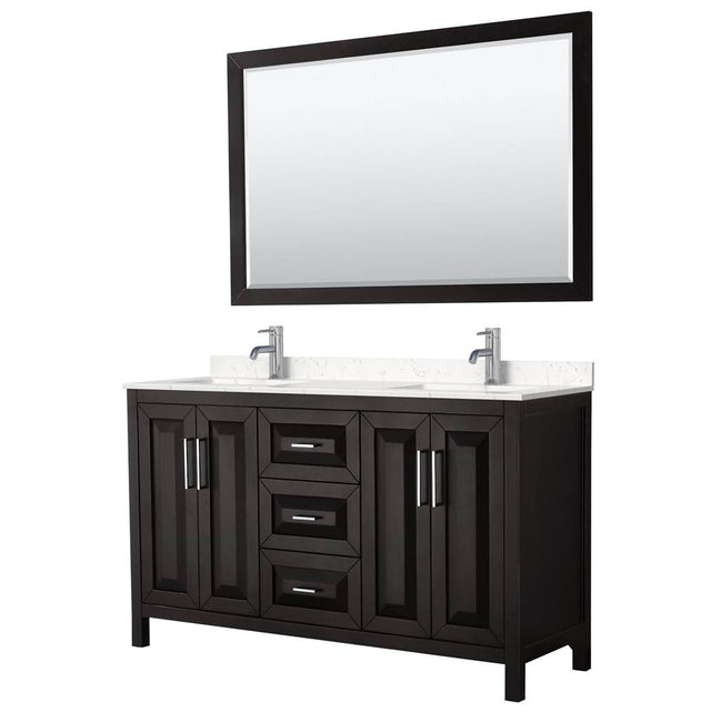 Wyndham Collection - Daria 60 Inch Double Bathroom Vanity in Dark Espresso, Carrara Cultured Marble Countertop, Undermount Square Sinks, 58 Inch Mirror