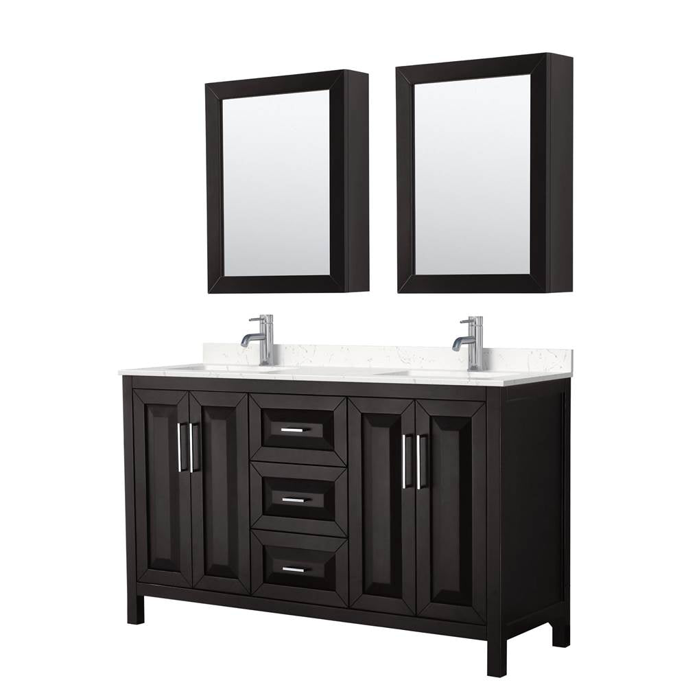 Wyndham Collection - Daria 60 Inch Double Bathroom Vanity in Dark Espresso, Carrara Cultured Marble Countertop, Undermount Square Sinks, Medicine Cabinets