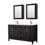 Wyndham Collection - Daria 60 Inch Double Bathroom Vanity in Dark Espresso, Carrara Cultured Marble Countertop, Undermount Square Sinks, Medicine Cabinets