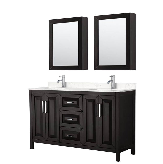 Wyndham Collection - Daria 60 Inch Double Bathroom Vanity in Dark Espresso, Carrara Cultured Marble Countertop, Undermount Square Sinks, Medicine Cabinets