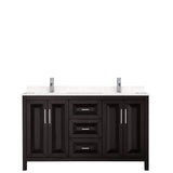 Daria 60 Inch Double Bathroom Vanity in Dark Espresso, Carrara Cultured Marble Countertop, Undermount Square Sinks, No Mirror