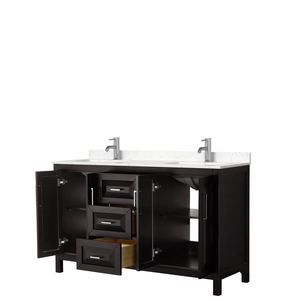 Daria 60 Inch Double Bathroom Vanity in Dark Espresso, Carrara Cultured Marble Countertop, Undermount Square Sinks, No Mirror