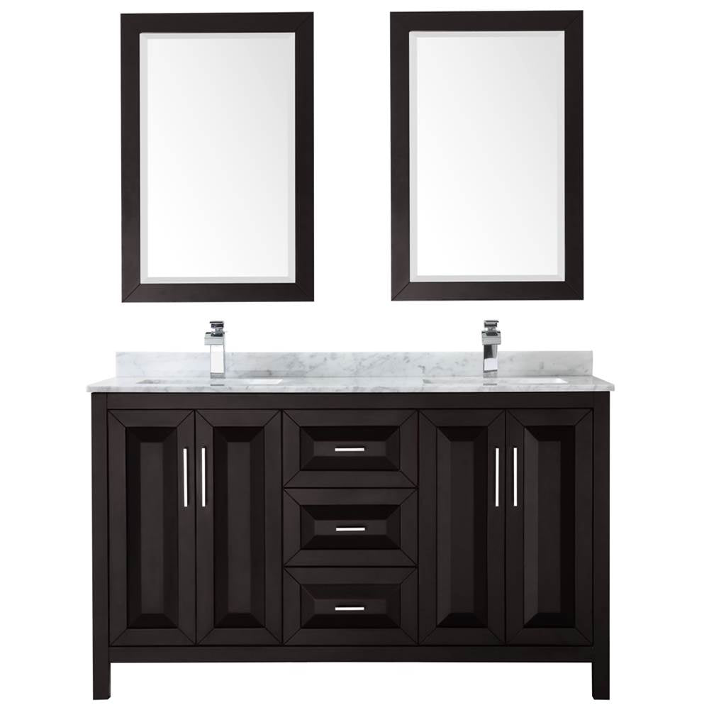 Daria 60 Inch Double Bathroom Vanity in Dark Blue, White Carrara Marble Countertop, Undermount Square Sinks, 24 Inch Mirrors