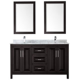 Daria 60 Inch Double Bathroom Vanity in Dark Blue, White Carrara Marble Countertop, Undermount Square Sinks, 24 Inch Mirrors