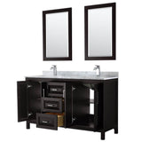 Daria 60 Inch Double Bathroom Vanity in Dark Blue, White Carrara Marble Countertop, Undermount Square Sinks, 24 Inch Mirrors