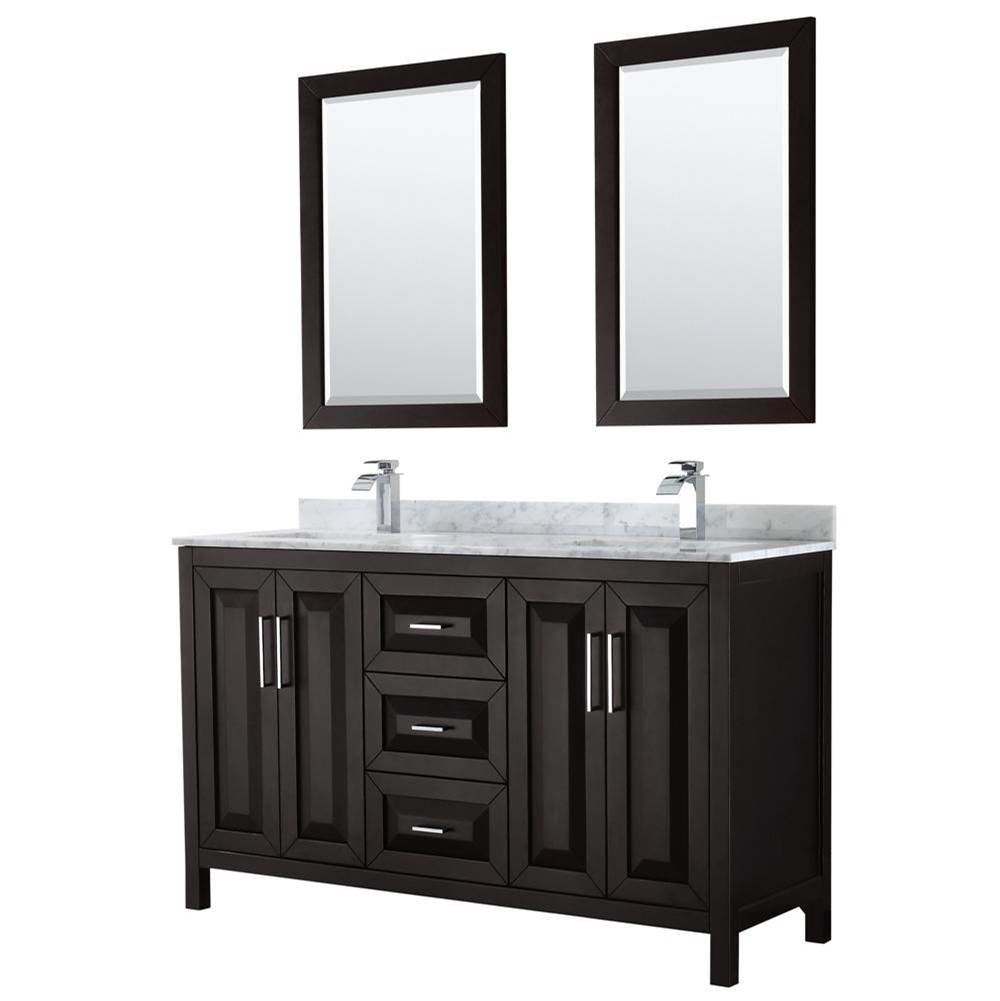 Wyndham Collection - Daria 60 Inch Double Bathroom Vanity in Dark Espresso, White Carrara Marble Countertop, Undermount Square Sinks, and 24 Inch Mirrors - Dark Espresso