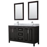 Wyndham Collection - Daria 60 Inch Double Bathroom Vanity in Dark Espresso, White Carrara Marble Countertop, Undermount Square Sinks, and 24 Inch Mirrors - Dark Espresso