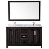 Daria 60 Inch Double Bathroom Vanity in Dark Blue, White Carrara Marble Countertop, Undermount Square Sinks, 58 Inch Mirror