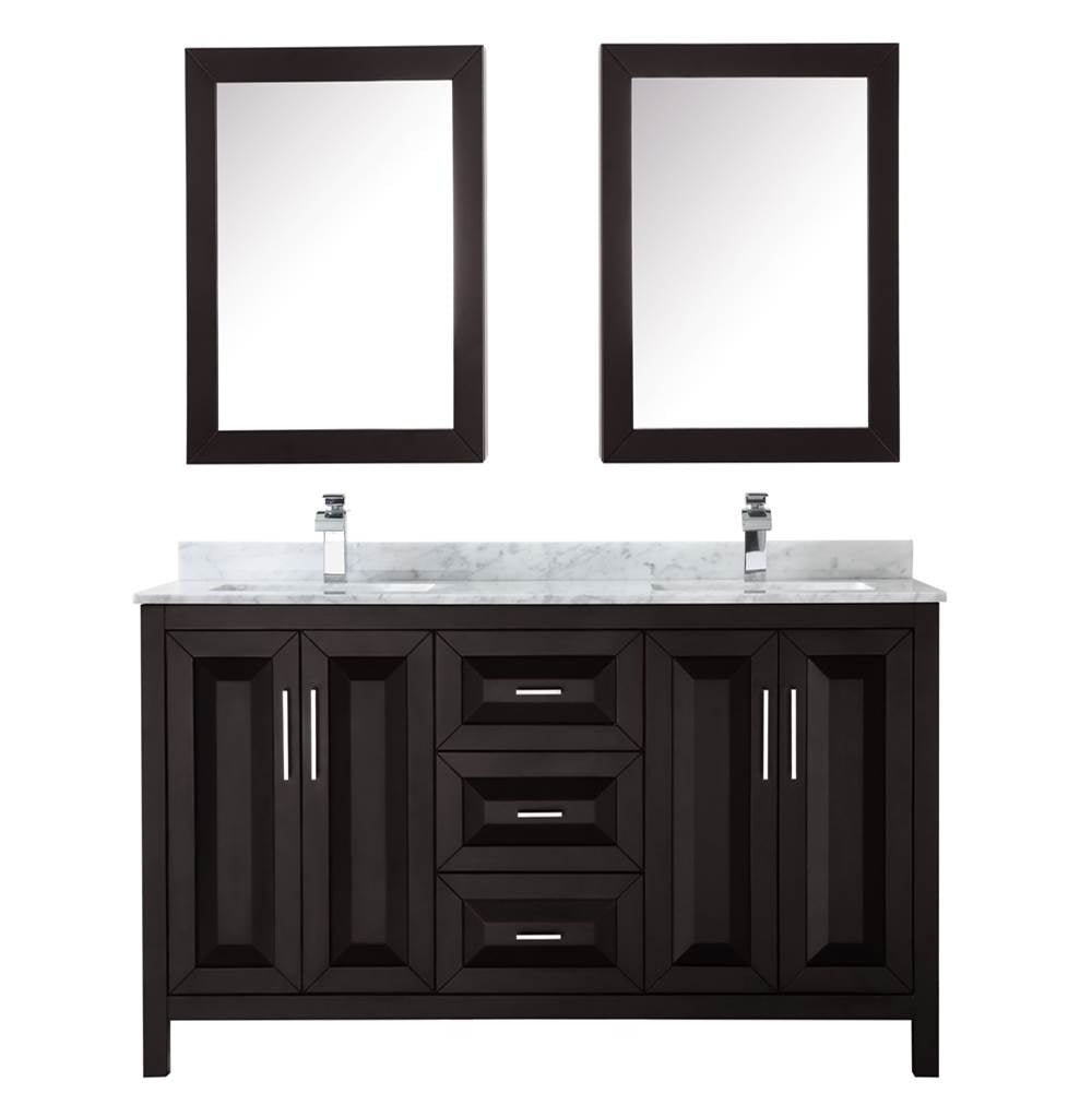 Daria 60 Inch Double Bathroom Vanity in Dark Blue, White Carrara Marble Countertop, Undermount Square Sinks, Medicine Cabinets